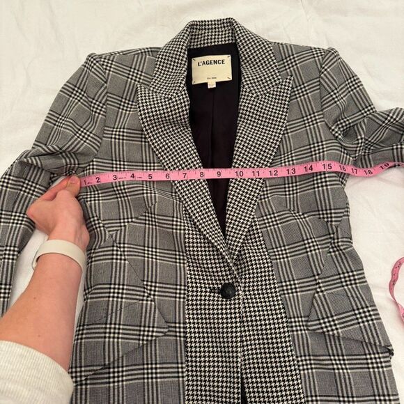 L'AGENCE Chamberlain Grey Plaid Houndstooth Single Breasted Blazer Jacket - Picture 14 of 15